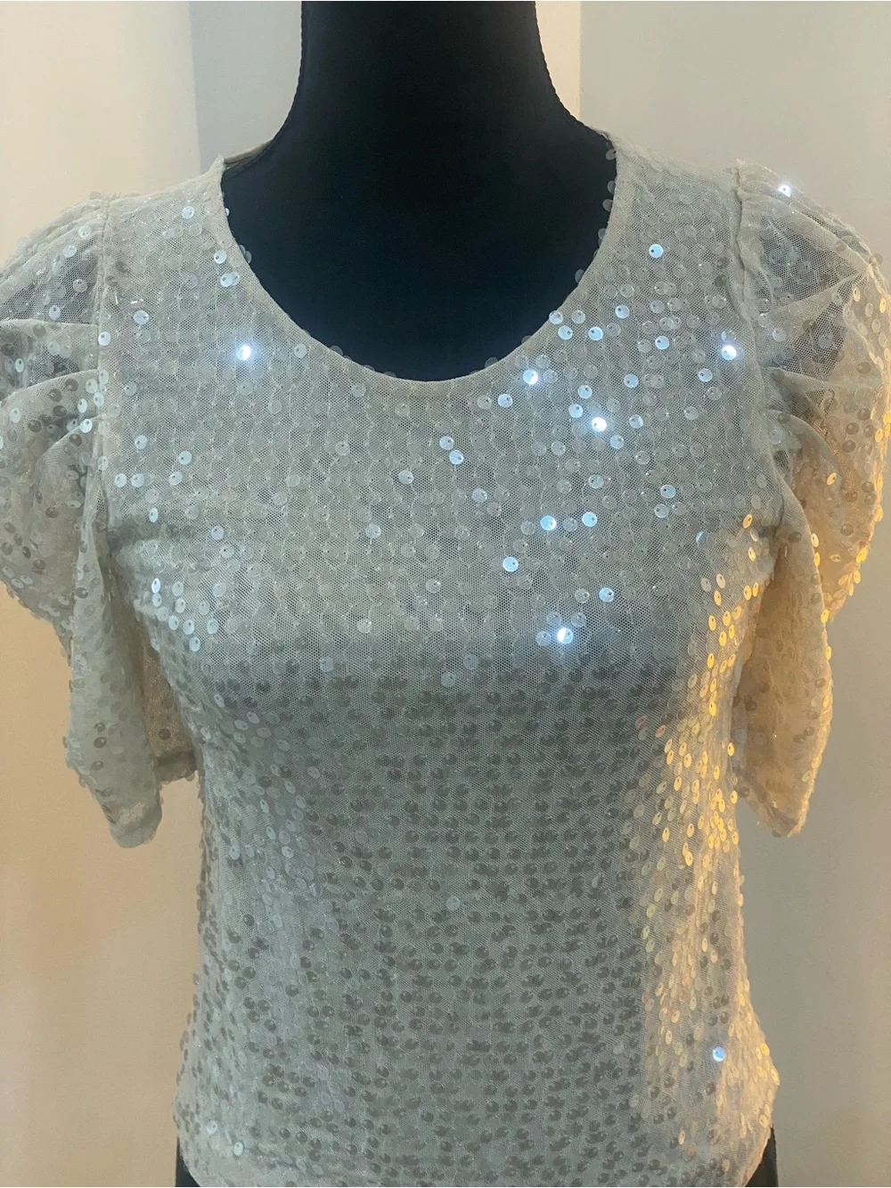 Zara Ivory Sequin Puff-Sleeve Top